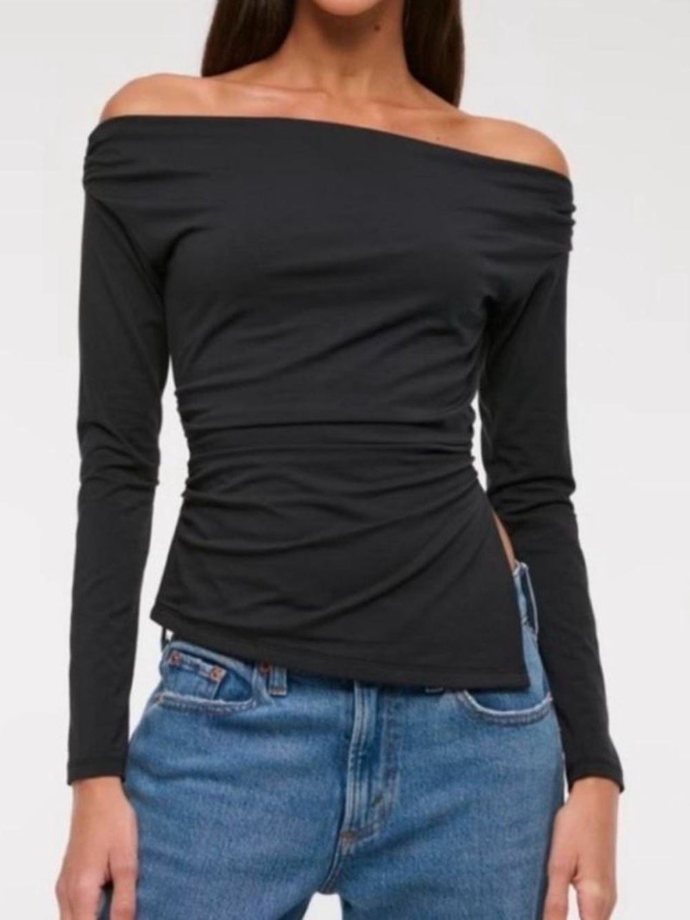 Abercrombie & Fitch Black Off-Shoulder Draped Long Sleeve Top Medium